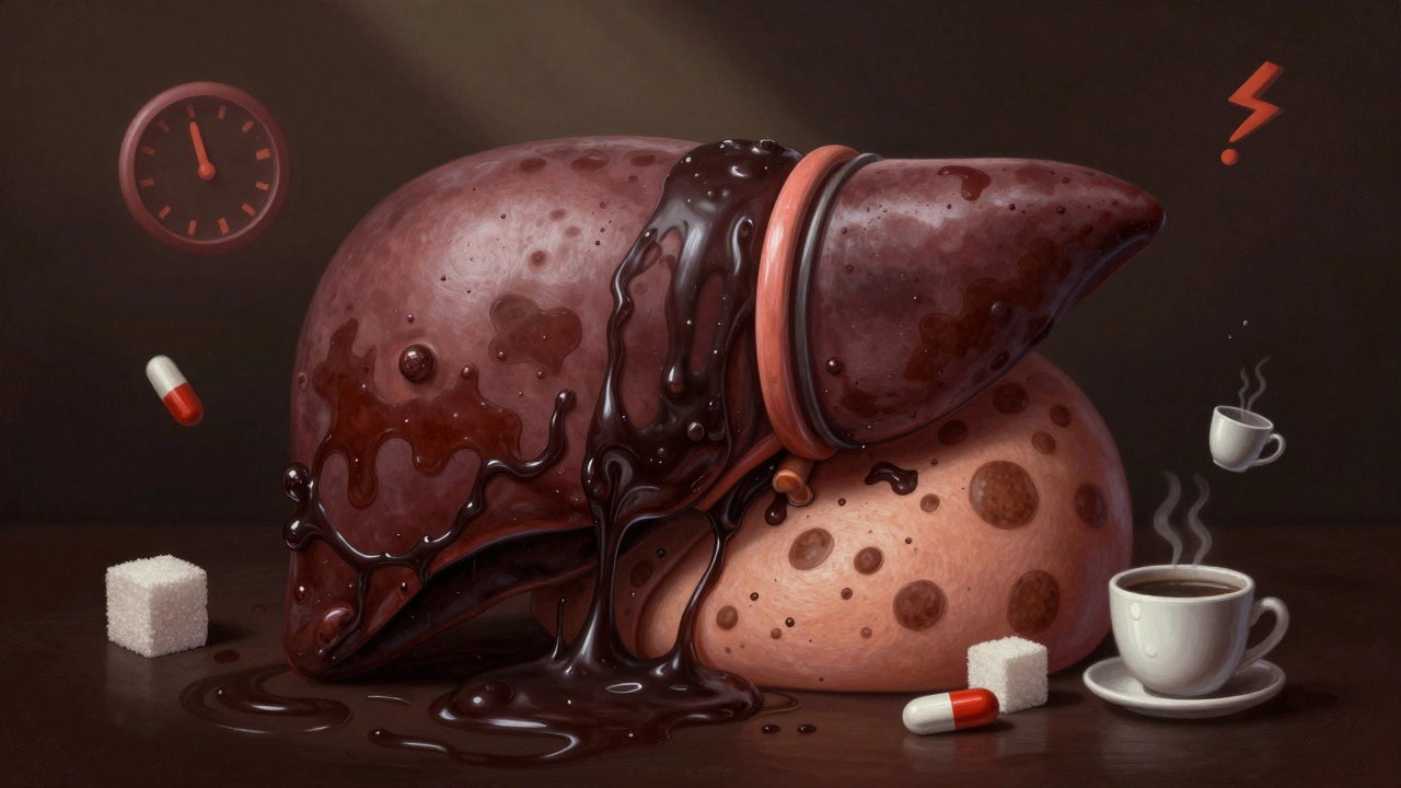 Перегруженная печень в виде забитого фильтра, из которого токсины проникают через кожу, образуя пятна, вокруг — сахар, лекарства, стресс.