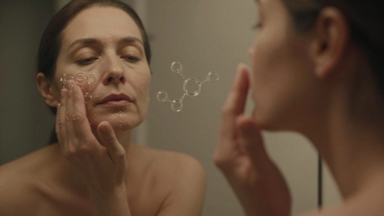 Рука наносит ночной крем, молекулы активов проникают в кожу при тёплом свете.