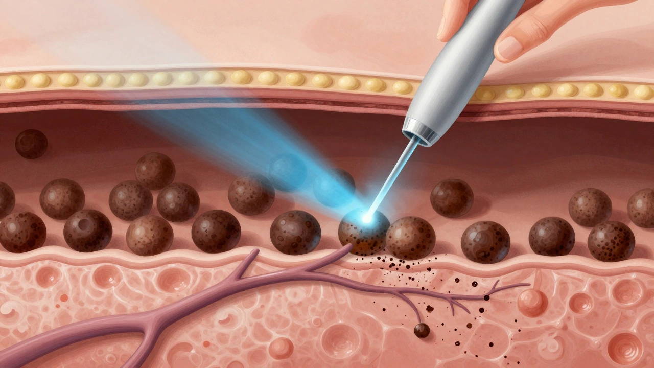 Схема кожи с меланиновыми пятнами, пораженными лазерными импульсами, с выведением частиц через лимфу.