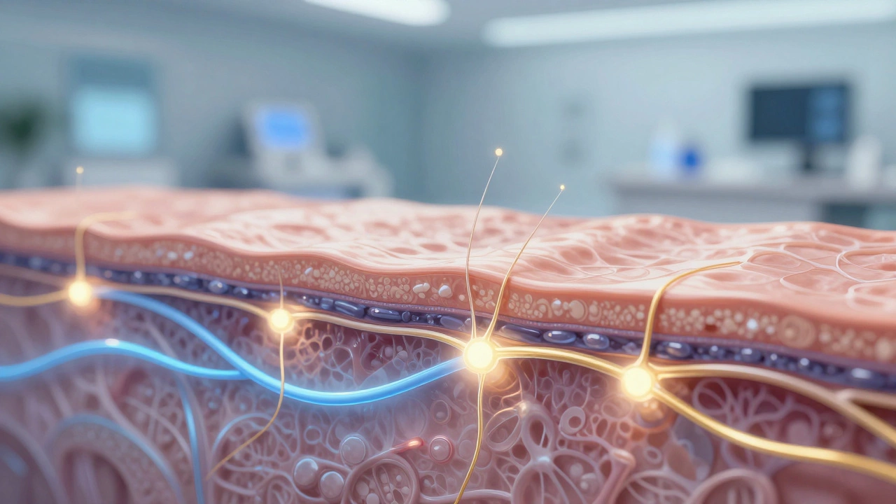 Схематичное изображение нитей под кожей, стимулирующих выработку коллагена в лицевых тканях.