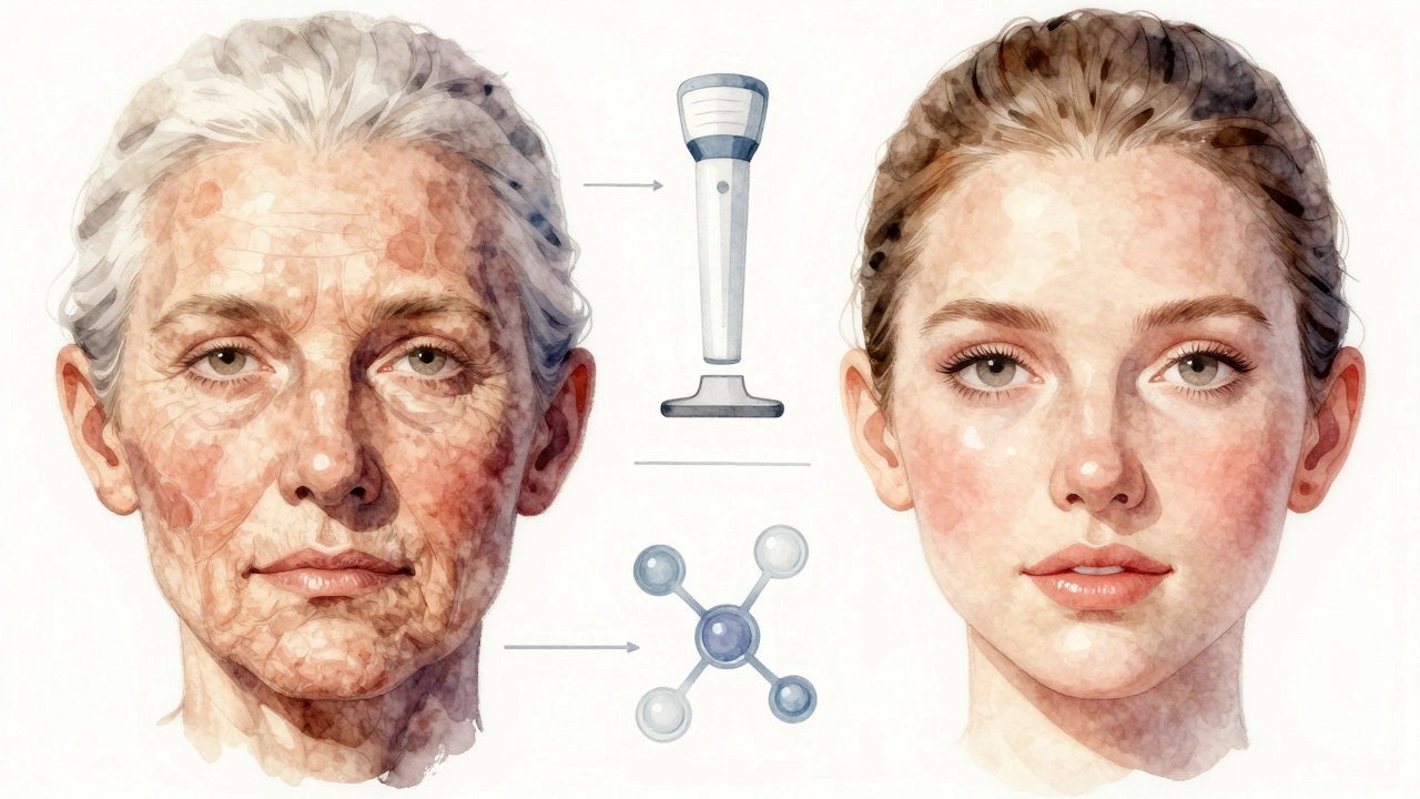 Сравнение стареющей и омоложенной кожи в мягкой водяной живописи с абстрактными элементами процедур.