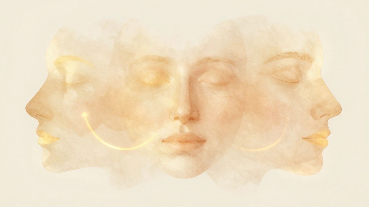 Три абстрактных элемента — пропорции лица, текстура кожи и улыбка — сливаются в гармоничную композицию.