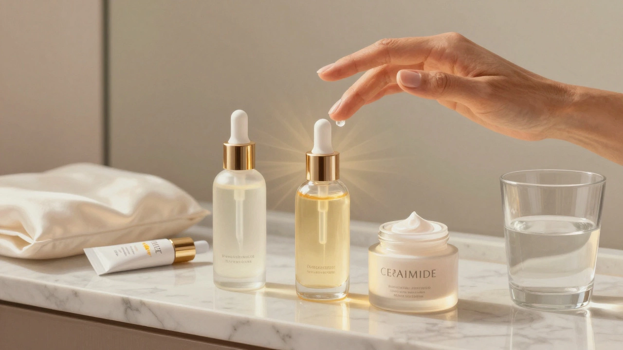 Три бутылочки с уходовыми средствами для зрелой кожи на мраморной поверхности с сиянием и шёлковой подушкой.