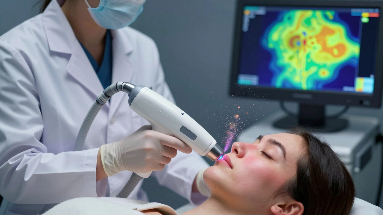 Дерматолог использует пикосекундный лазер для удаления пигментации, видны разрушающиеся мельчайшие частицы меланина.