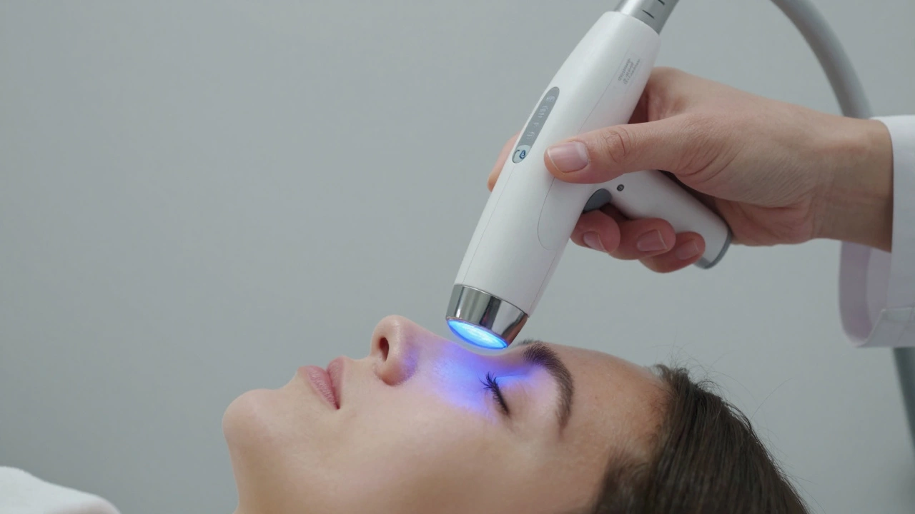 Дерматолог использует сертифицированный лазерный прибор для лечения кожи лица.