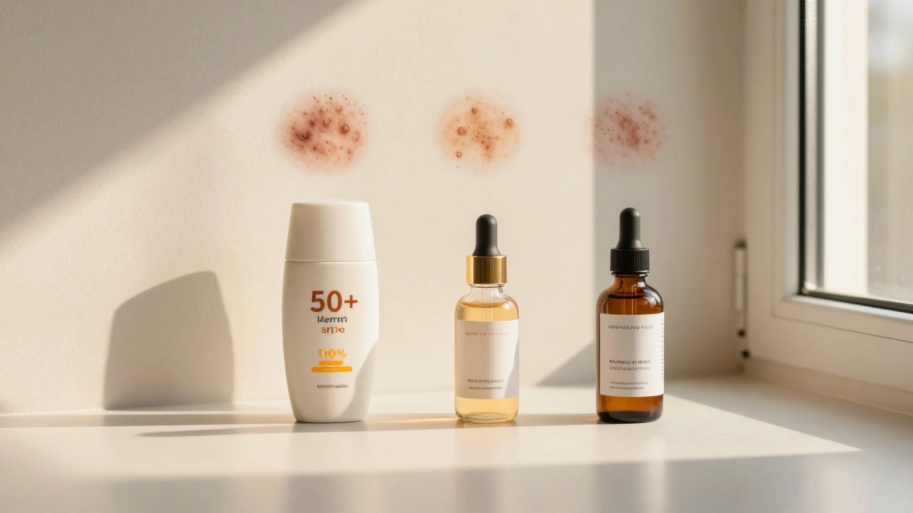 Ежедневный уход: SPF, сыворотка и пилинг на подоконнике с солнечным светом.