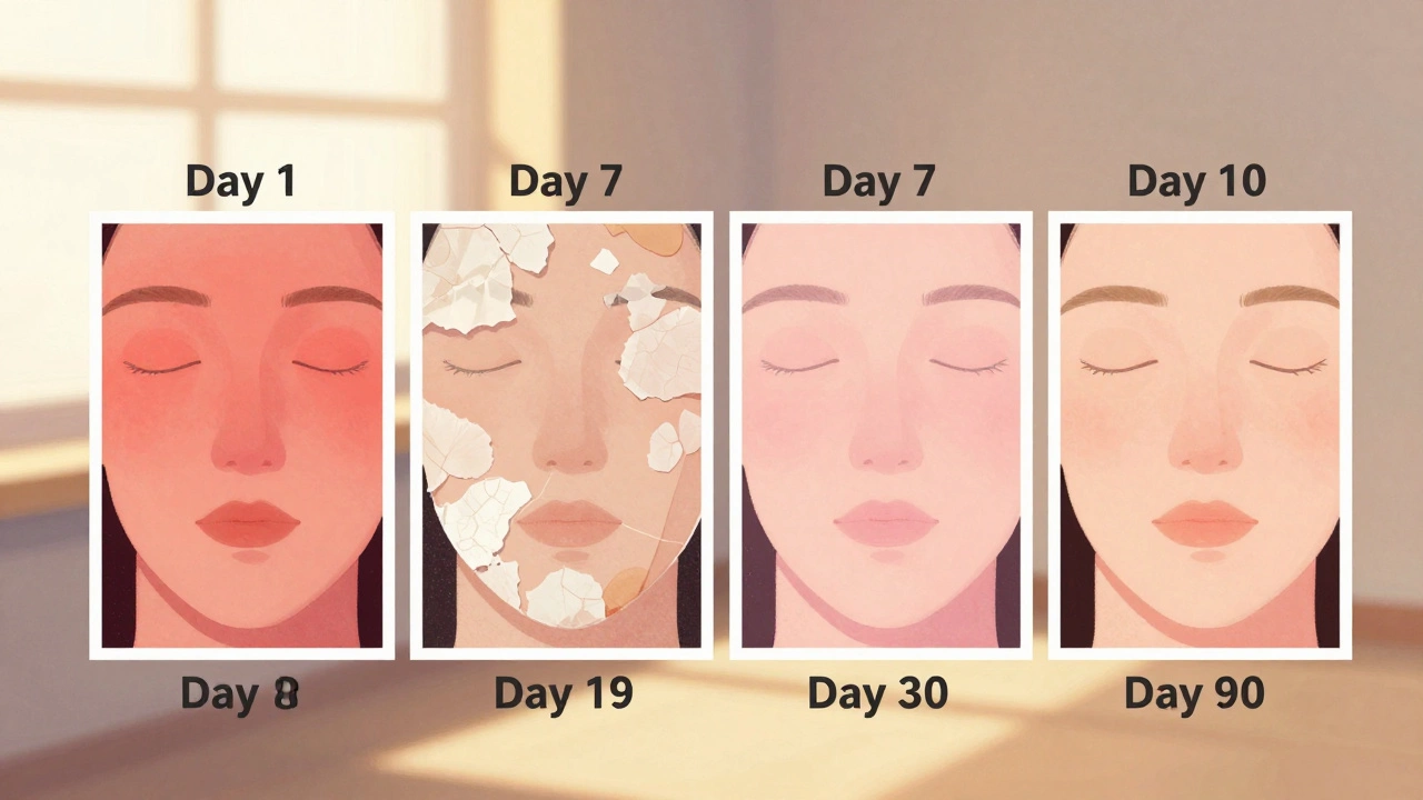 Календарь с четырьмя этапами восстановления кожи после лазерной шлифовки: воспаление, шелушение, заживление, обновление.