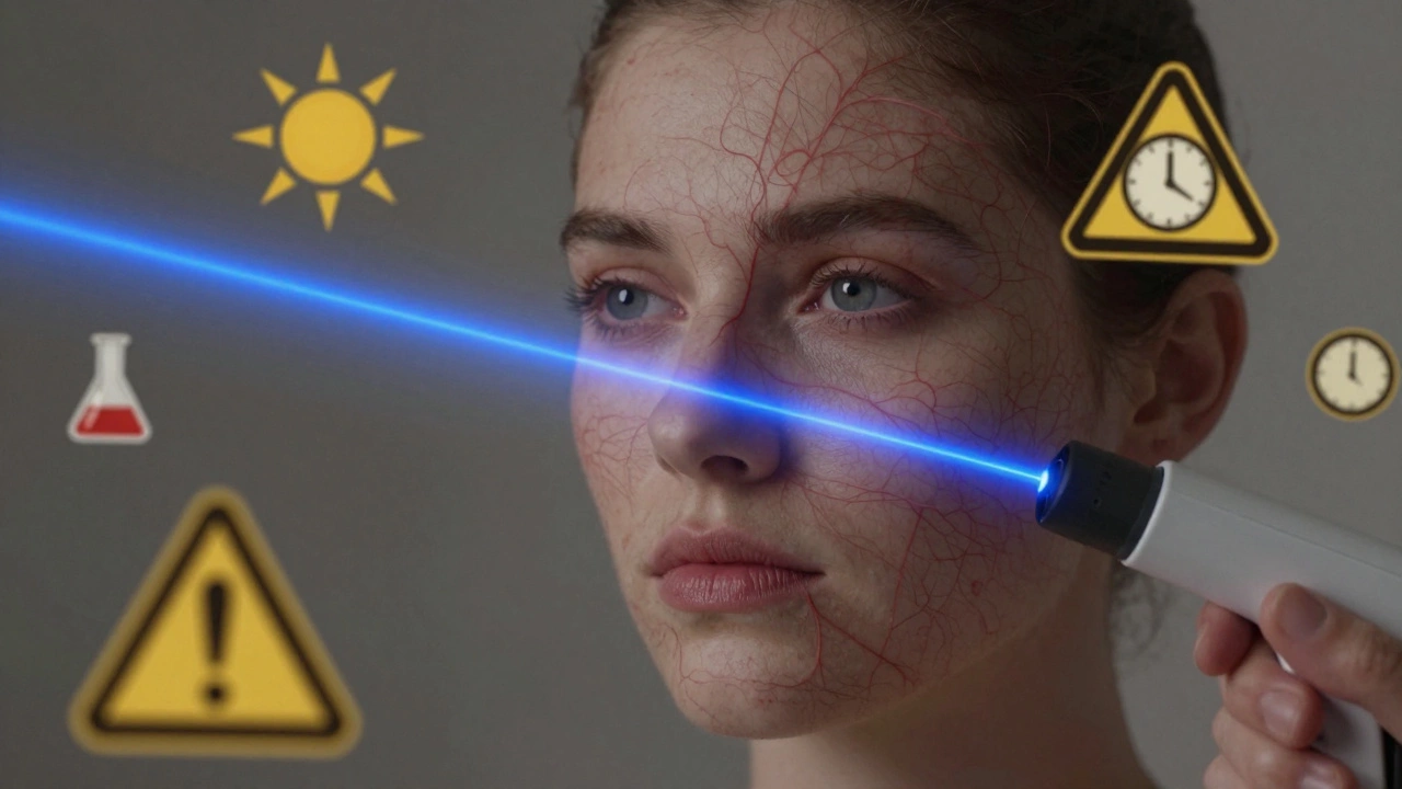 Лицо с исчезающими сосудами под лазером, вокруг — символы опасности: солнце, химикат, спешащие часы.