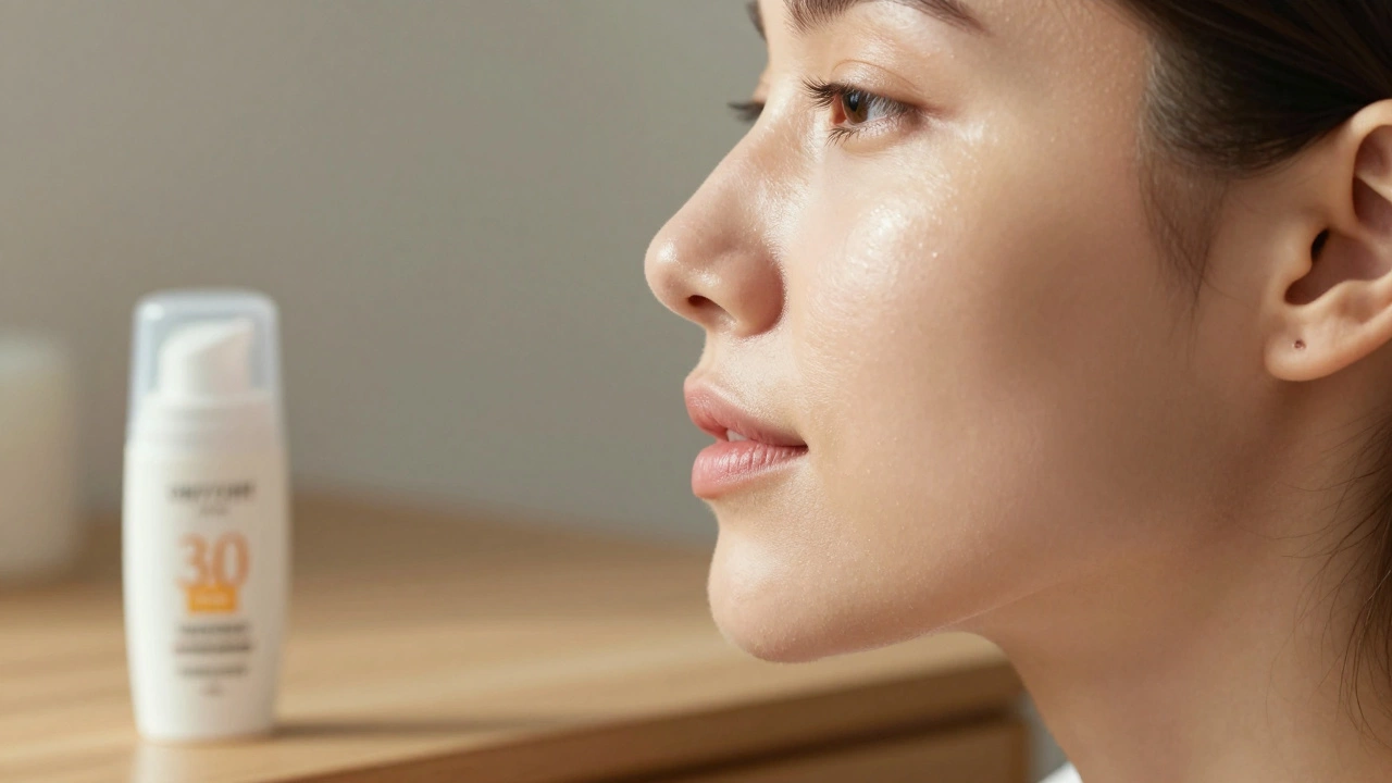 Лицо женщины после микротоковой терапии: сияющая, увлажнённая кожа с естественным контуром, рядом — крем и солнцезащитный спрей.