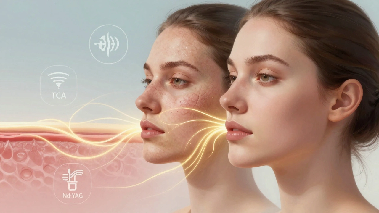 Радиочастотная терапия стимулирует выработку коллагена для устранения шрамов после прыщей.