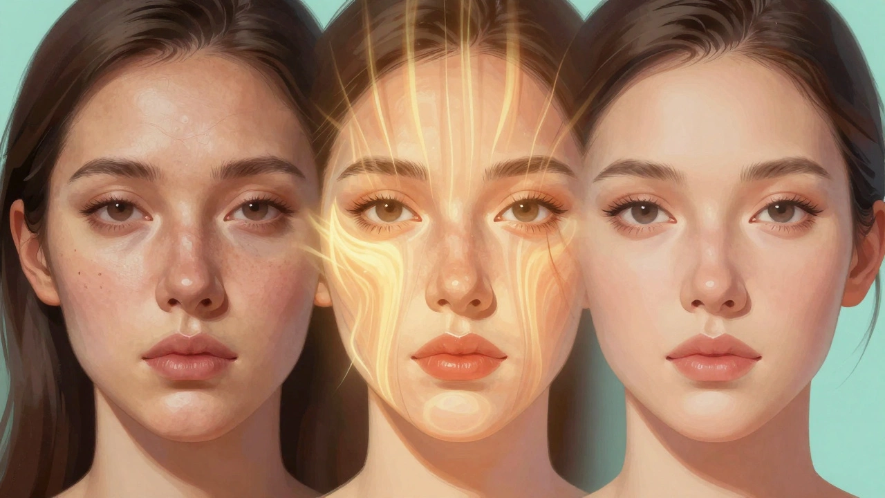 Схематичное изображение преображения кожи: от усталой до сияющей под воздействием радиочастоты.