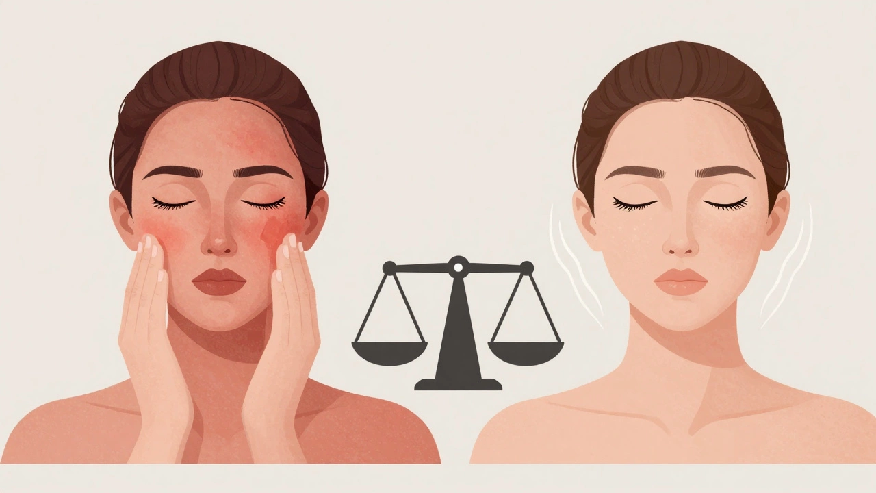 Сравнение: раздражённая кожа после домашнего пилинга слева и спокойная, сияющая кожа после микротоков справа.