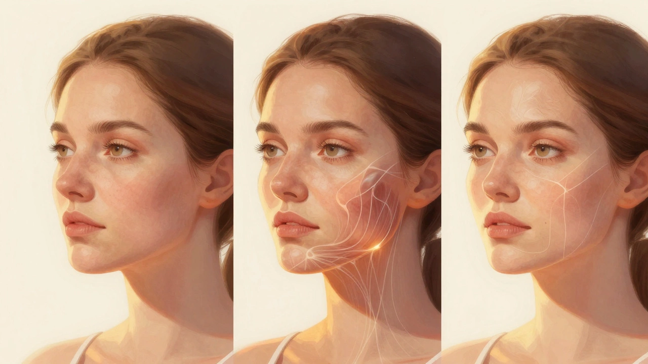 Визуальное сравнение трех этапов омоложения лица: провисание, подтяжка ботоксом, восстановление с помощью пептидов.
