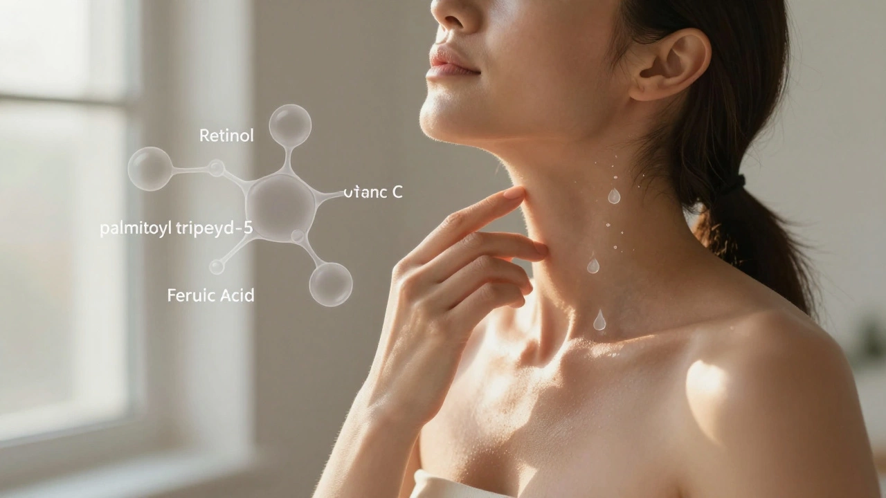 Женщина наносит сыворотку с пептидами и витамином С на шею при утреннем свете.