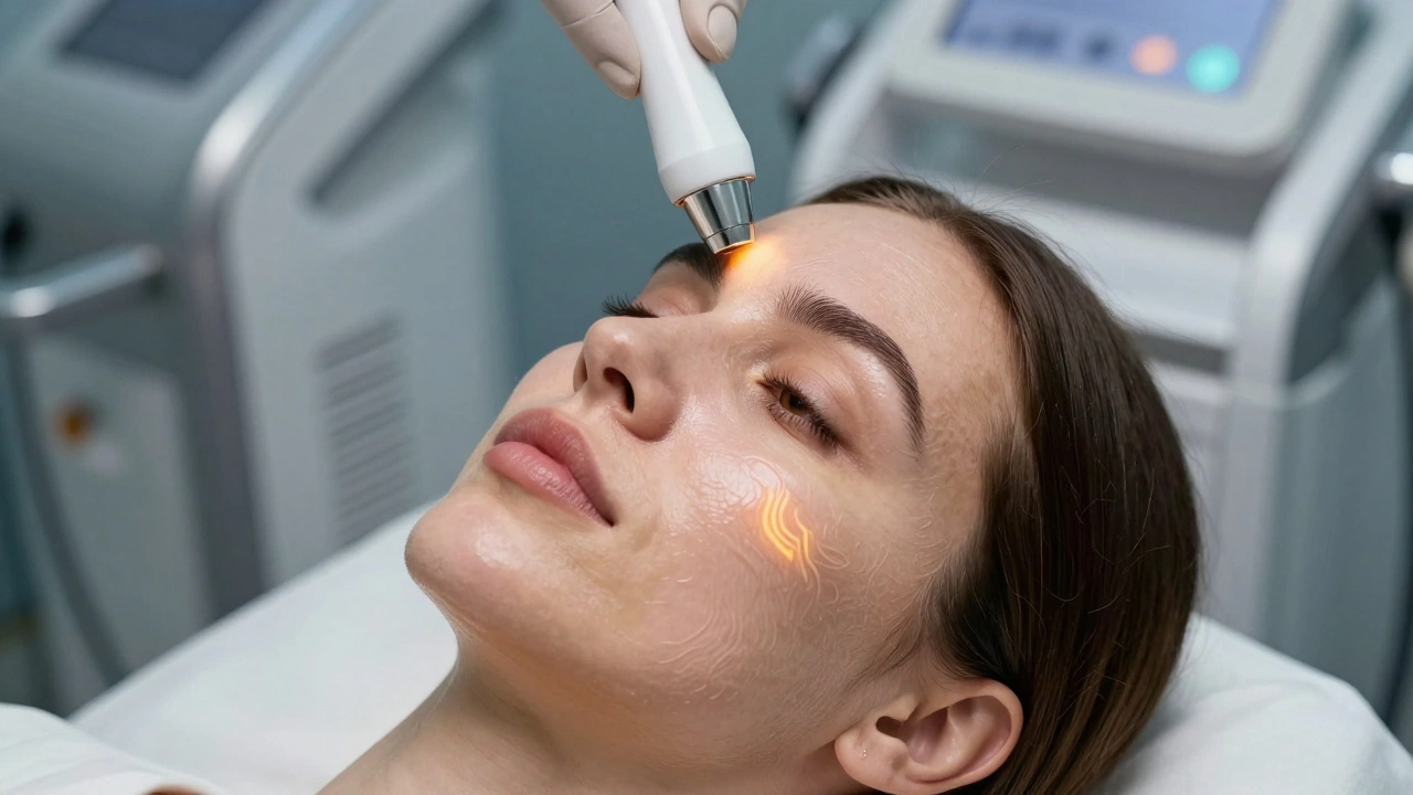 Женщина проходит радиочастотный лифтинг, тепловые волны стимулируют коллаген под кожей.