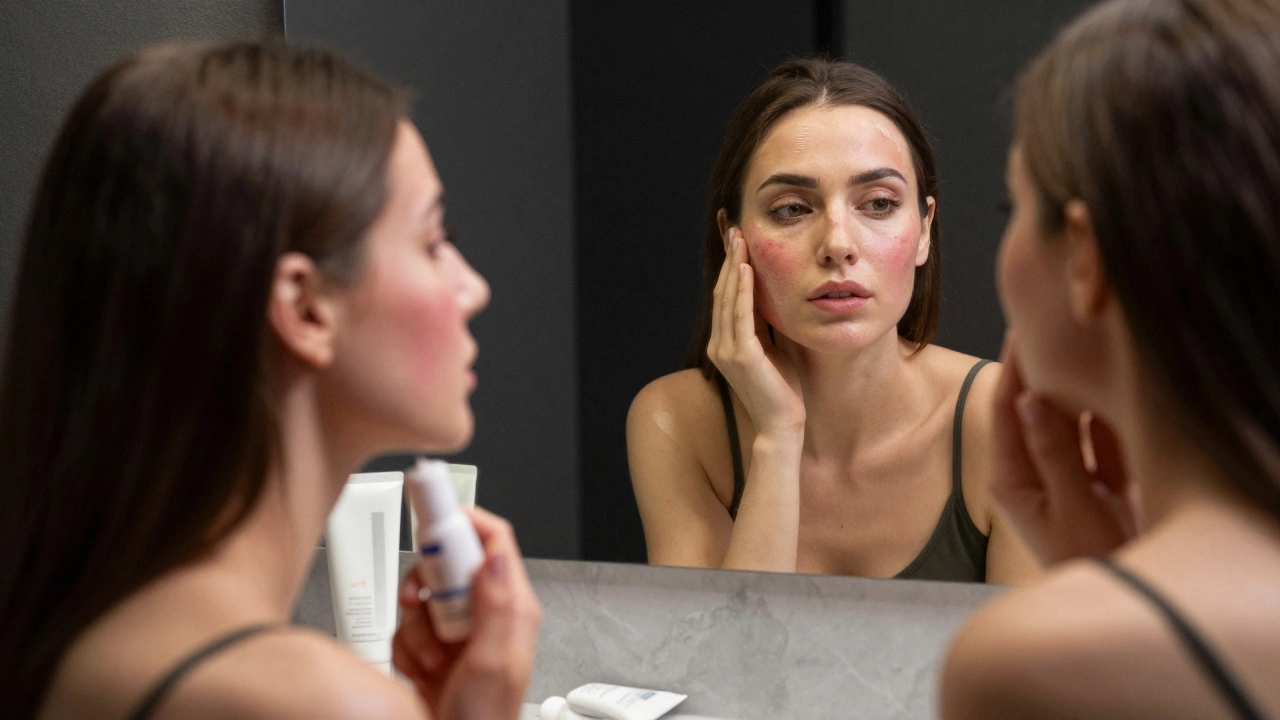 Женщина смотрит в зеркало после лазерной шлифовки — реальное лицо с покраснением, в отражении — гладкая кожа.