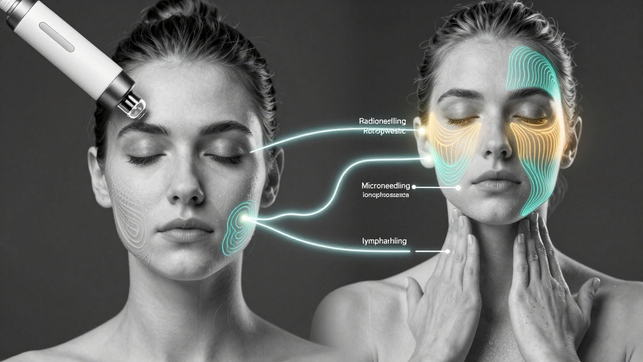 Четыре метода омоложения кожи: очищение, лифтинг, ионофорез и лимфодренаж в одном изображении.