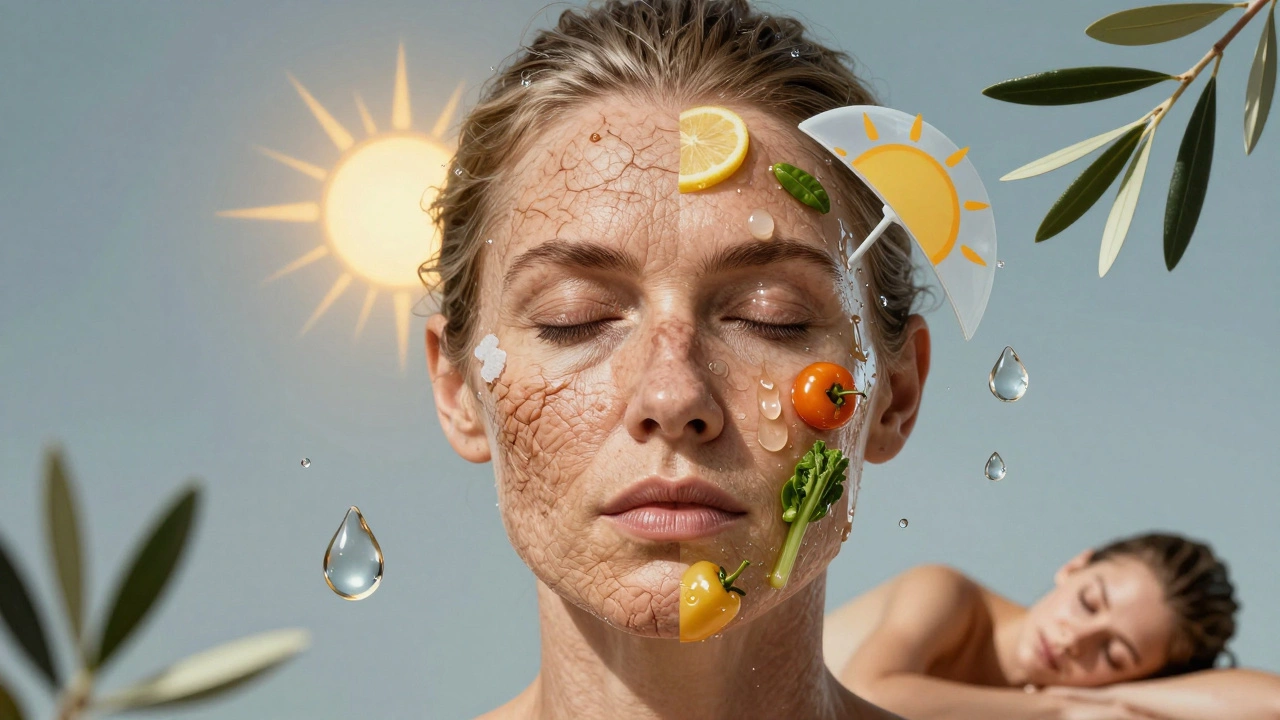 Двустороннее изображение лица: одна сторона — старение от солнца и сахара, другая — увлажнение и забота.