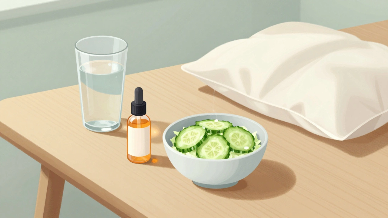 Ежедневный уход за кожей: вода, масло, овощная маска и шелковая подушка на деревянной поверхности.