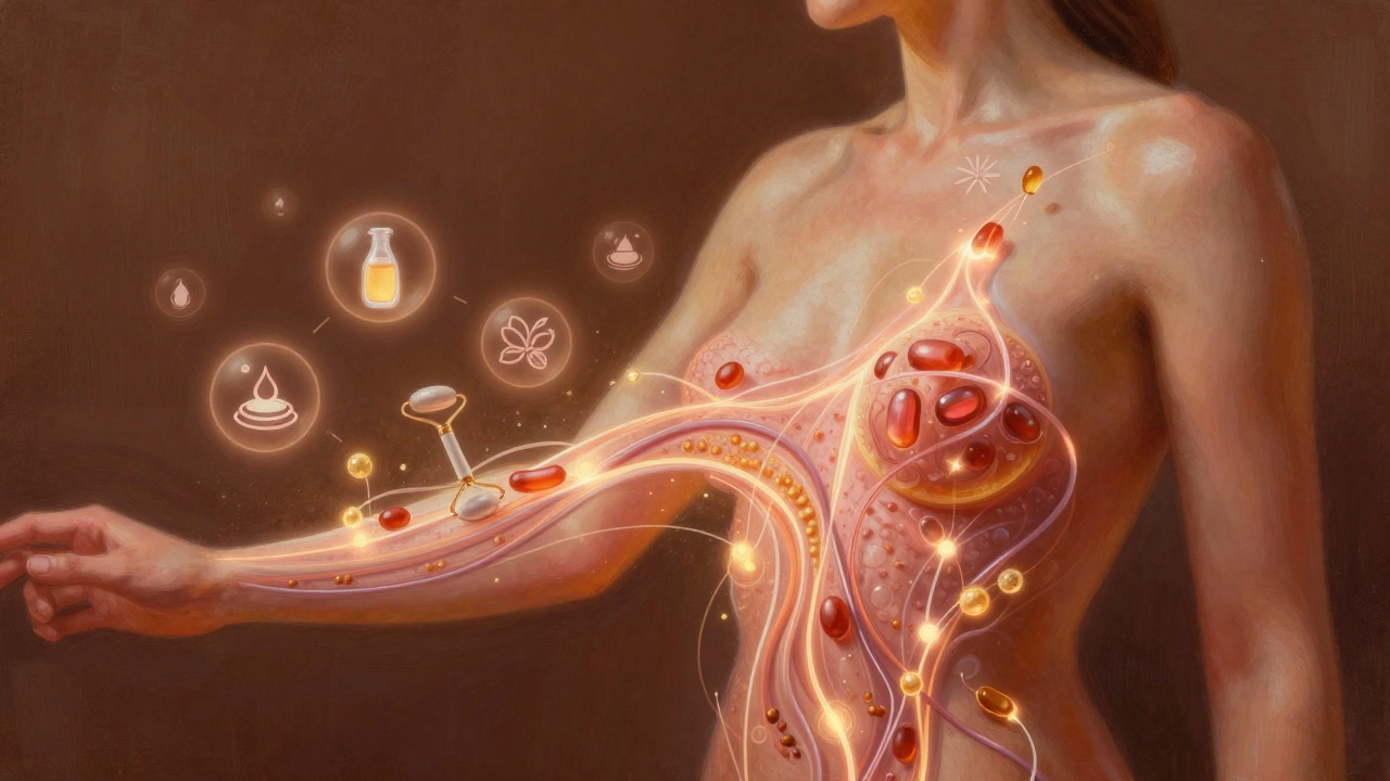 Концептуальное изображение восстановления кожи: пептиды и гиалуроновая кислота текут в дерму, рядом — символы ухода и массажа.