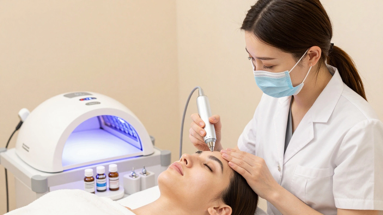 Косметолог проводит микротоковую терапию на лице клиента с использованием специального устройства.