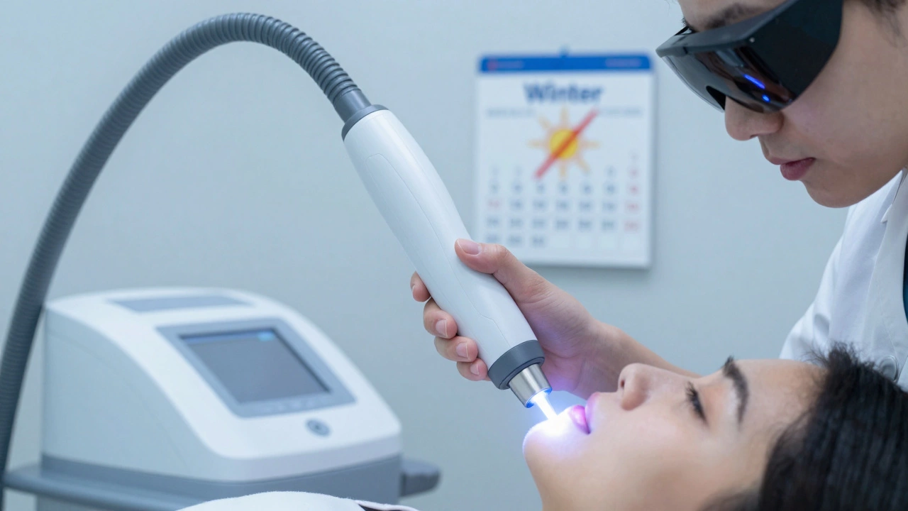 Лазерный специалист проводит процедуру, направленную на солнечное пятно, в зимний сезон.