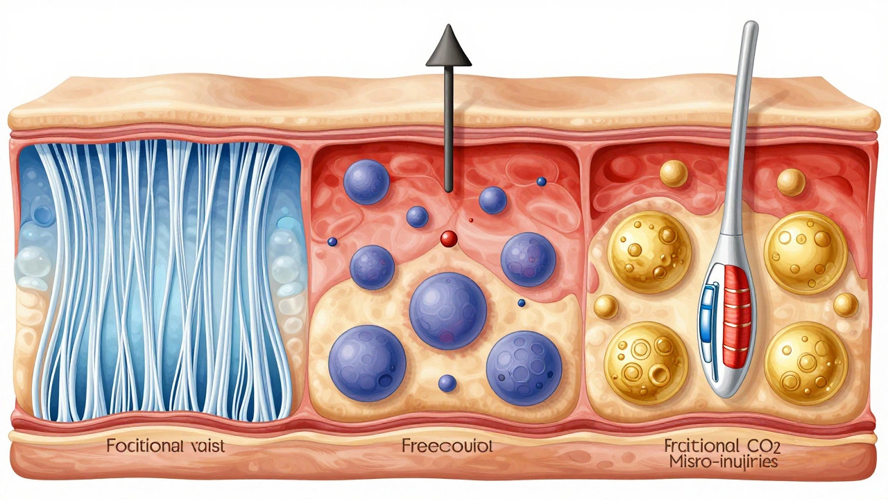 Микроскопический разрез кожи, показывающий истончение коллагена, повреждение свободными радикалами и стимуляцию коллагена лазером.