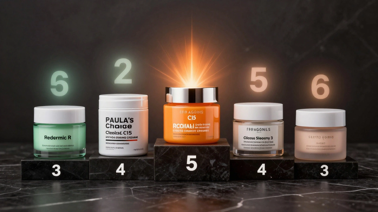 Пять лучших антивозрастных кремов 2026 года, представлены как победители с символическими световыми эффектами.