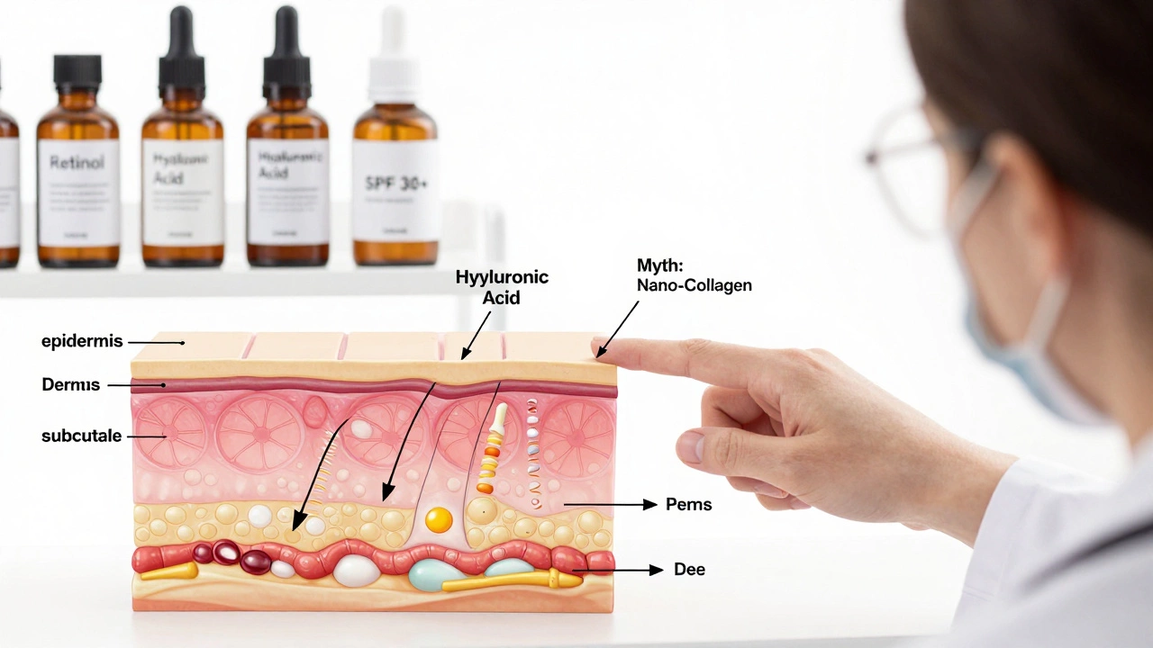 Поперечный разрез кожи с маркировкой слоёв и действием кремов против инъекций, на фоне флаконов с активными ингредиентами.