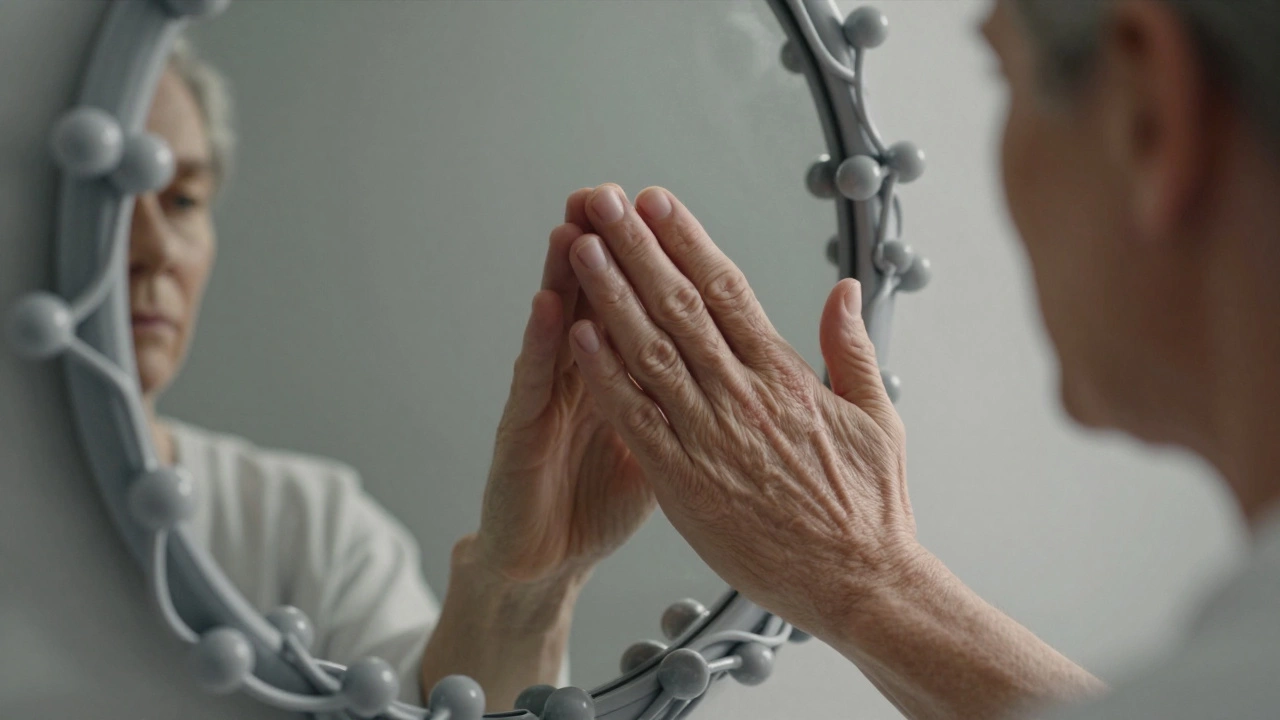 Рука прикасается к своему более молодому отражению в зеркале, кожа постепенно омолаживается, в рамке — молекулы пептидов.