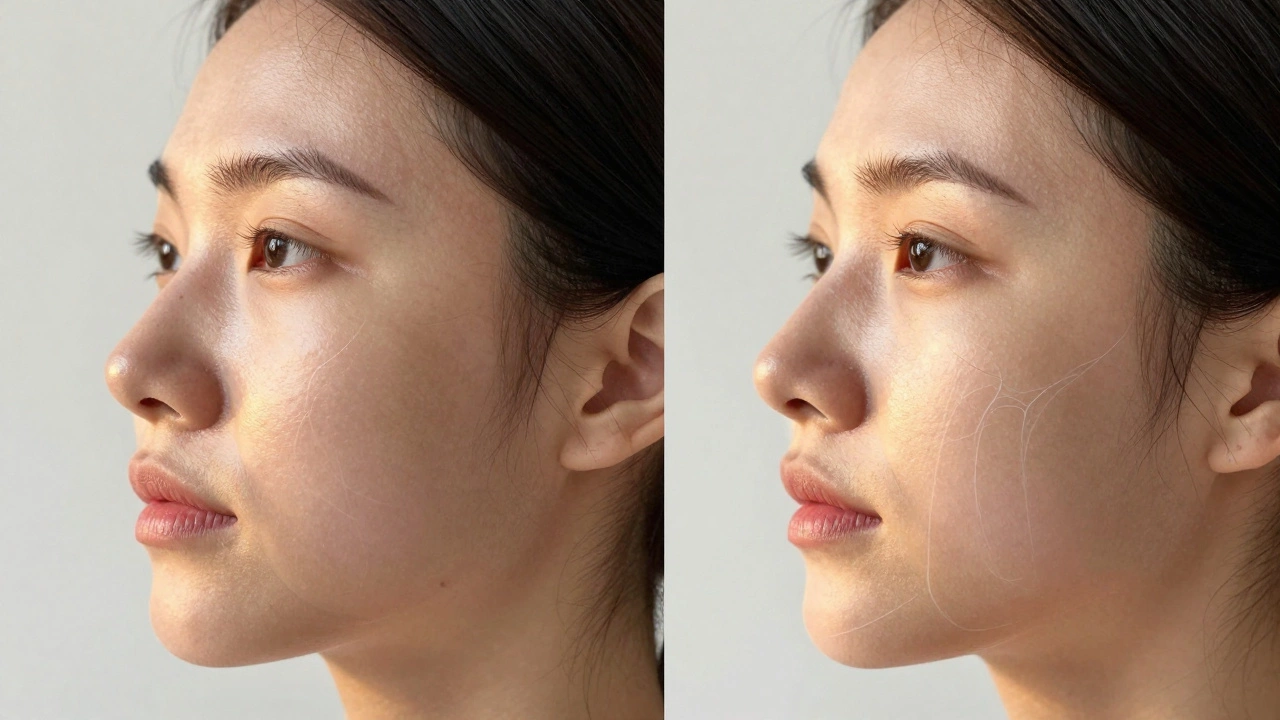 Сравнение до и после: восстановленный объем лица и улучшенный контур челюсти.