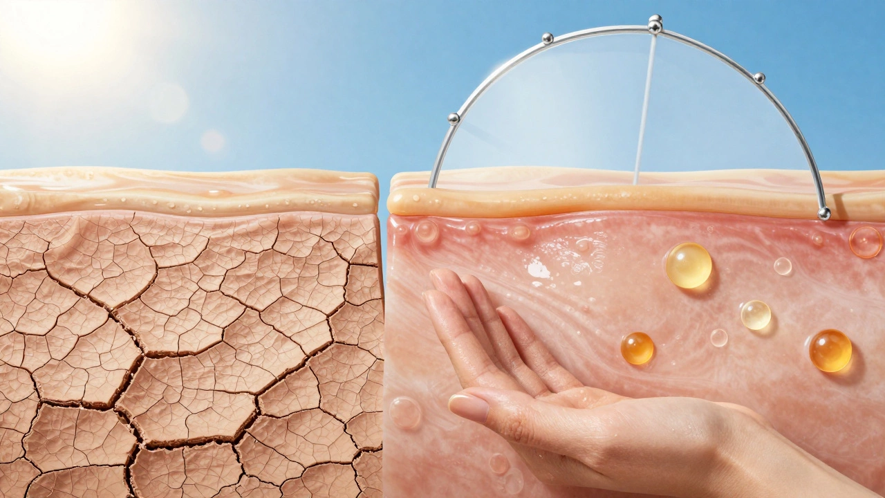 Сравнение стареющей кожи под солнцем и здоровой кожи с действием ретинола и пептидов под защитой SPF.