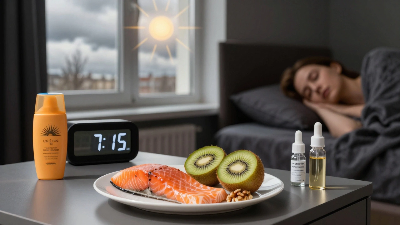 Тарелка с лососем, киви и грецкими орехами, рядом — спящая женщина в темной комнате, на тумбочке — солнцезащитный крем и сыворотка.