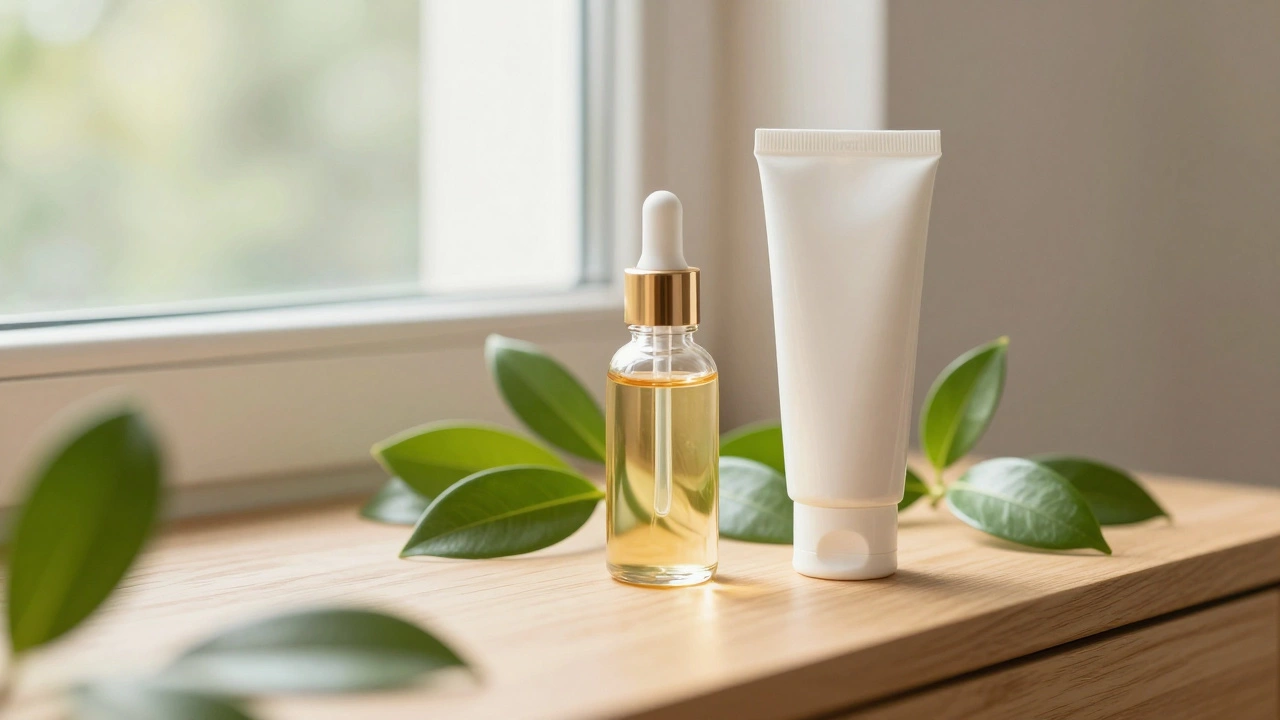 Уходовые средства и санскрин на деревянном столике у солнечного окна