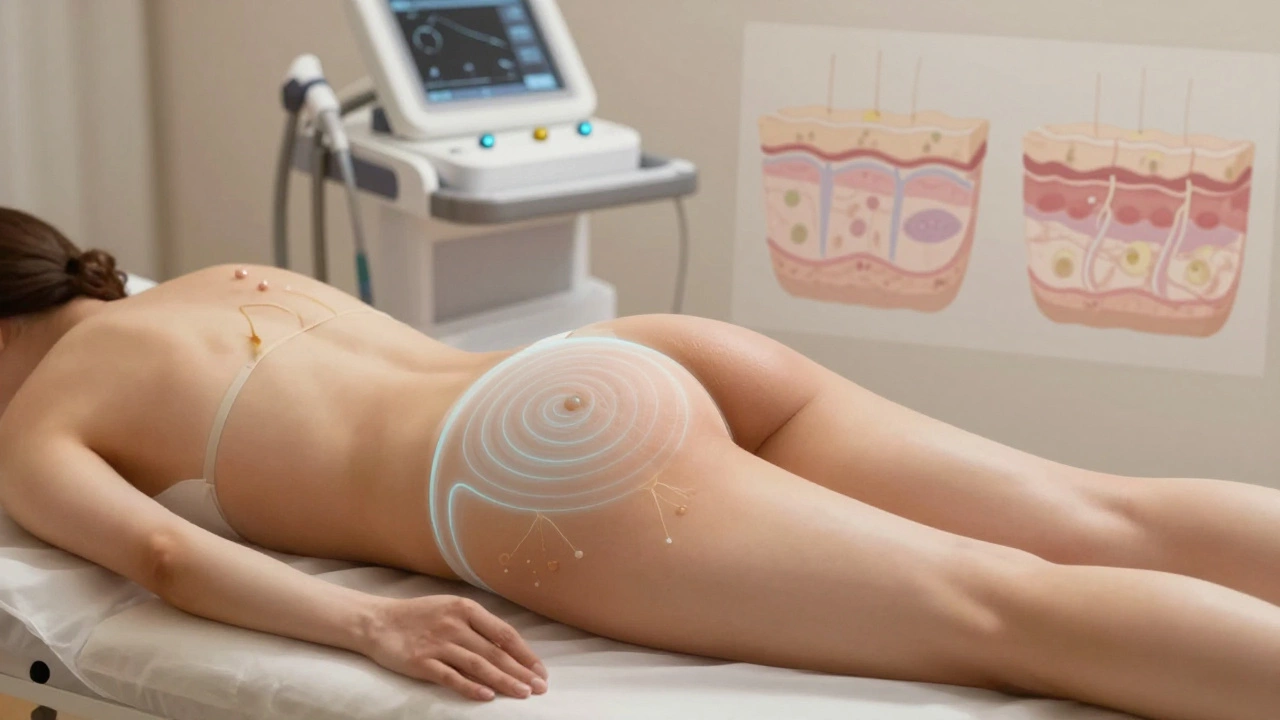 Ультразвуковая подтяжка бедра: видны волны, проникающие в кожу, с визуализацией глубоких тканей и стимуляции коллагена.