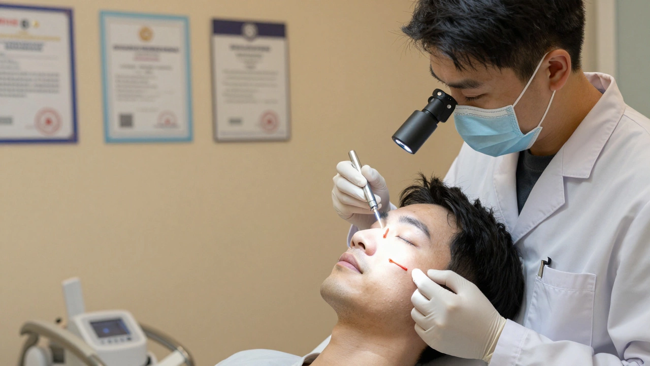 Врач вводит биоразлагаемые нити под кожу лица в клинической обстановке.