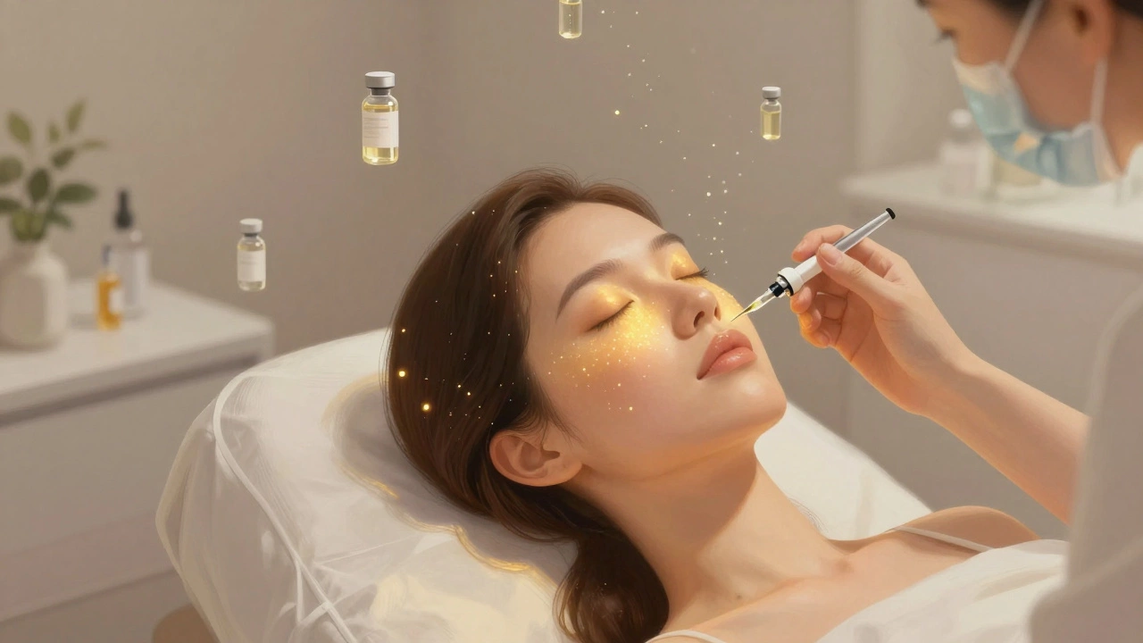 Женщина получает биоревитализацию, сияние гиалуроновой кислоты проникает в кожу.