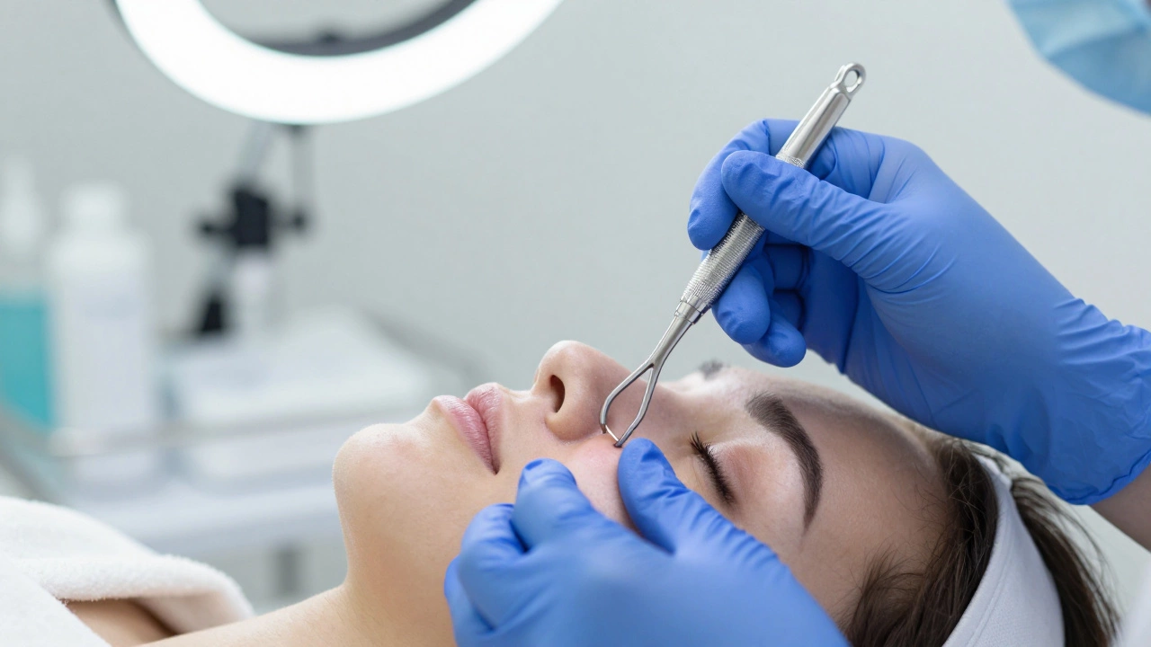 Косметолог аккуратно удаляет комедон с помощью специального инструмента в стерильных условиях