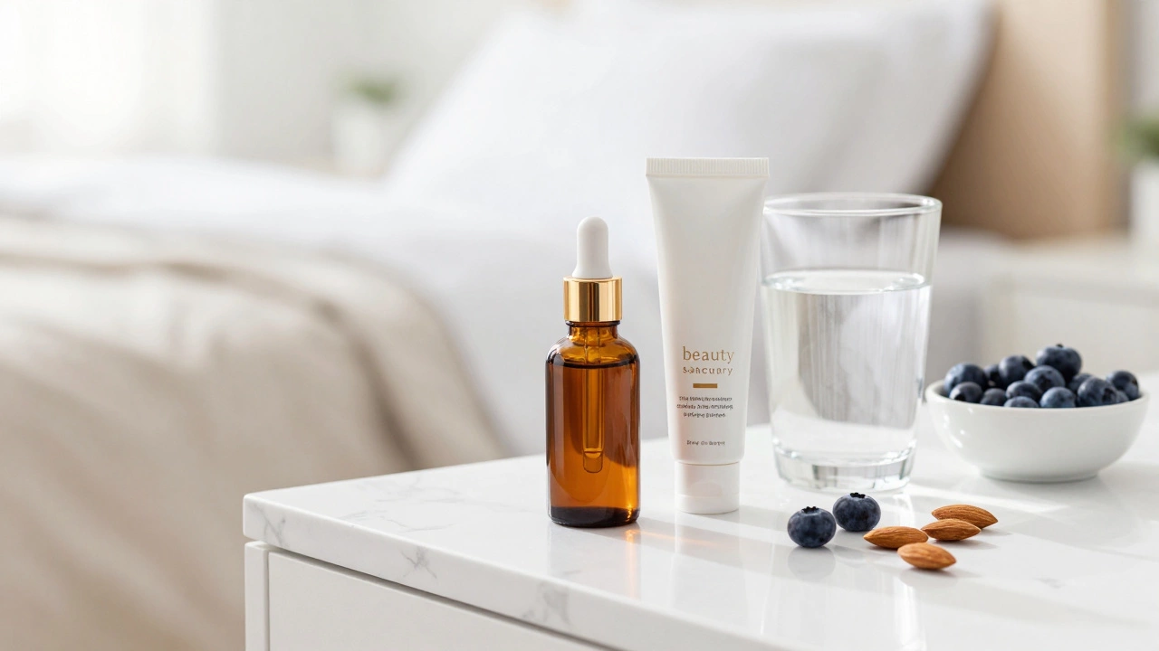 Набор антивозражного ухода, полезные продукты и стакан воды на мраморном столе