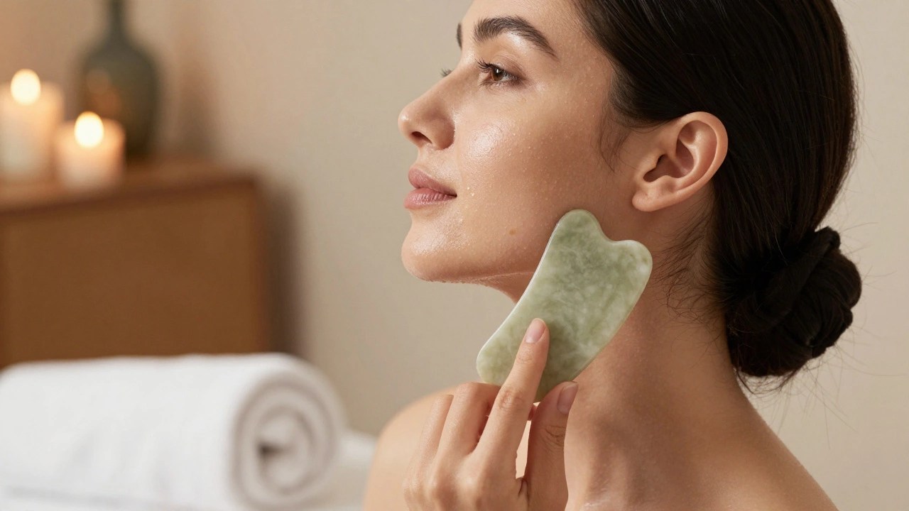 Процесс массажа лица скребком гуаша для лифтинга контуров