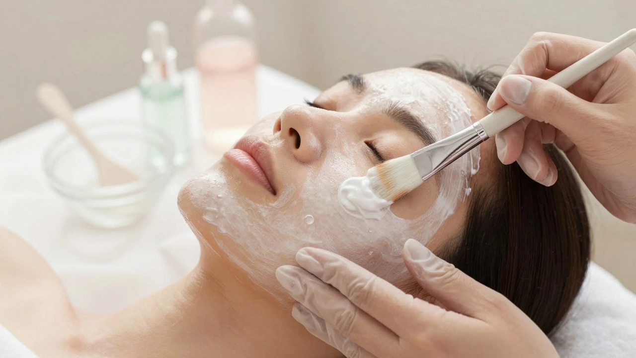 Процесс нанесения увлажняющей маски на лицо с помощью профессиональной кисти