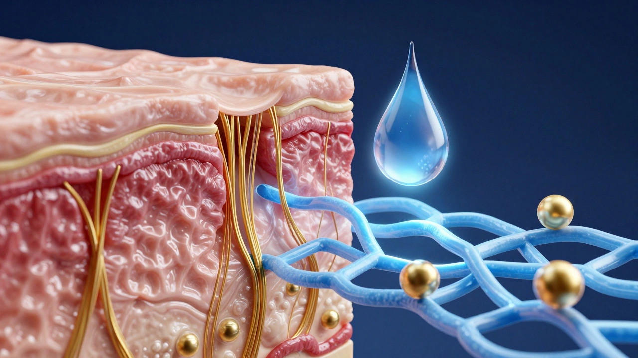 Схематичное изображение действия ретинола и гиалуроновой кислоты на коллагене кожи