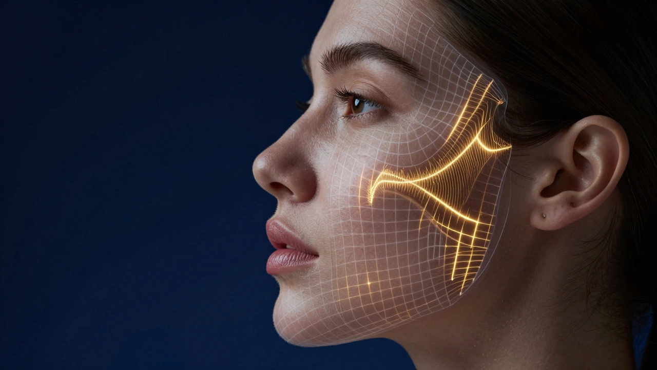 Схематичное изображение SMAS-лифтинга с золотыми волнами ультразвука на контуре лица