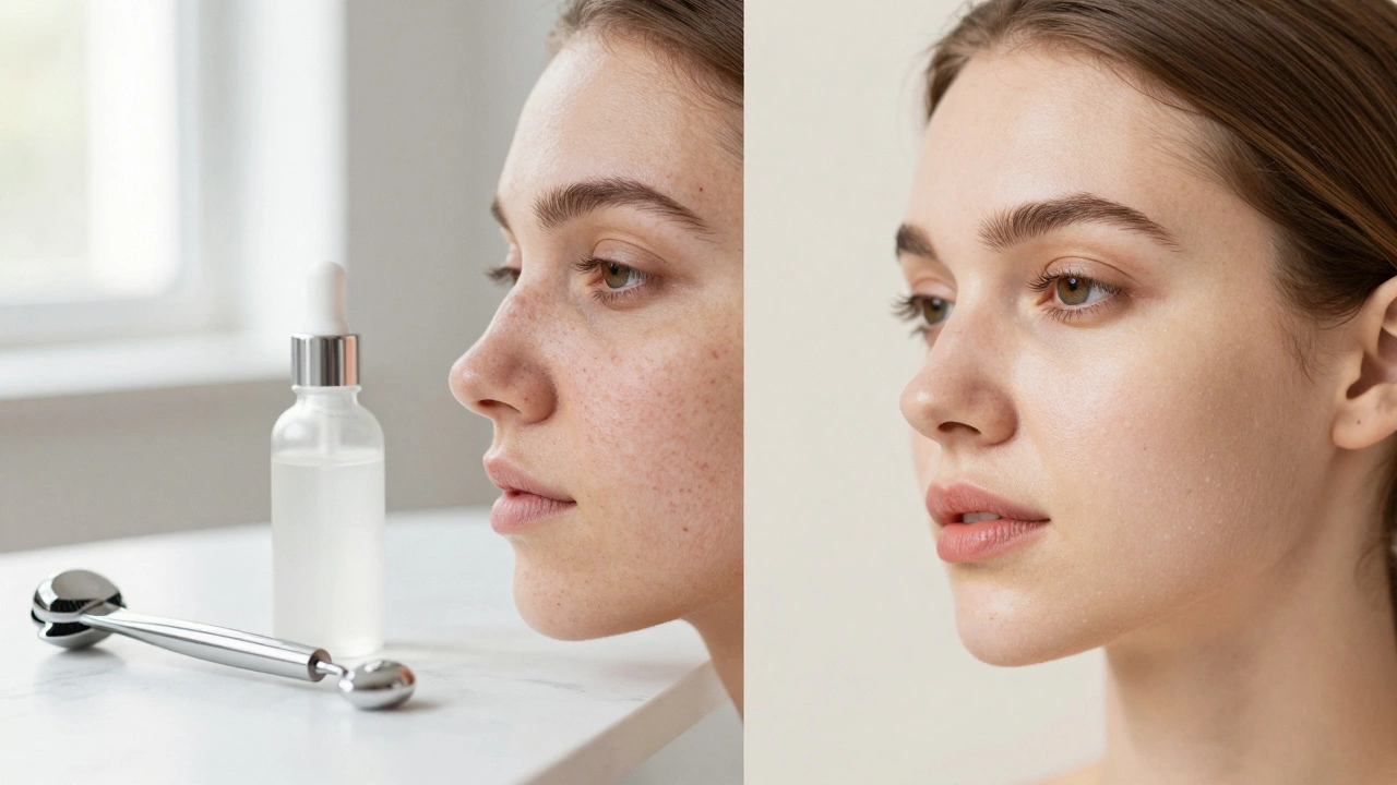 Сравнение текстуры кожи до и после лечения постакне с элементами профессионального ухода.