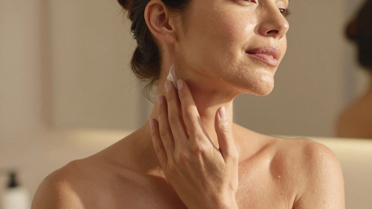 Женщина наносит увлажняющий крем на шею, демонстрируя сияющую здоровую кожу