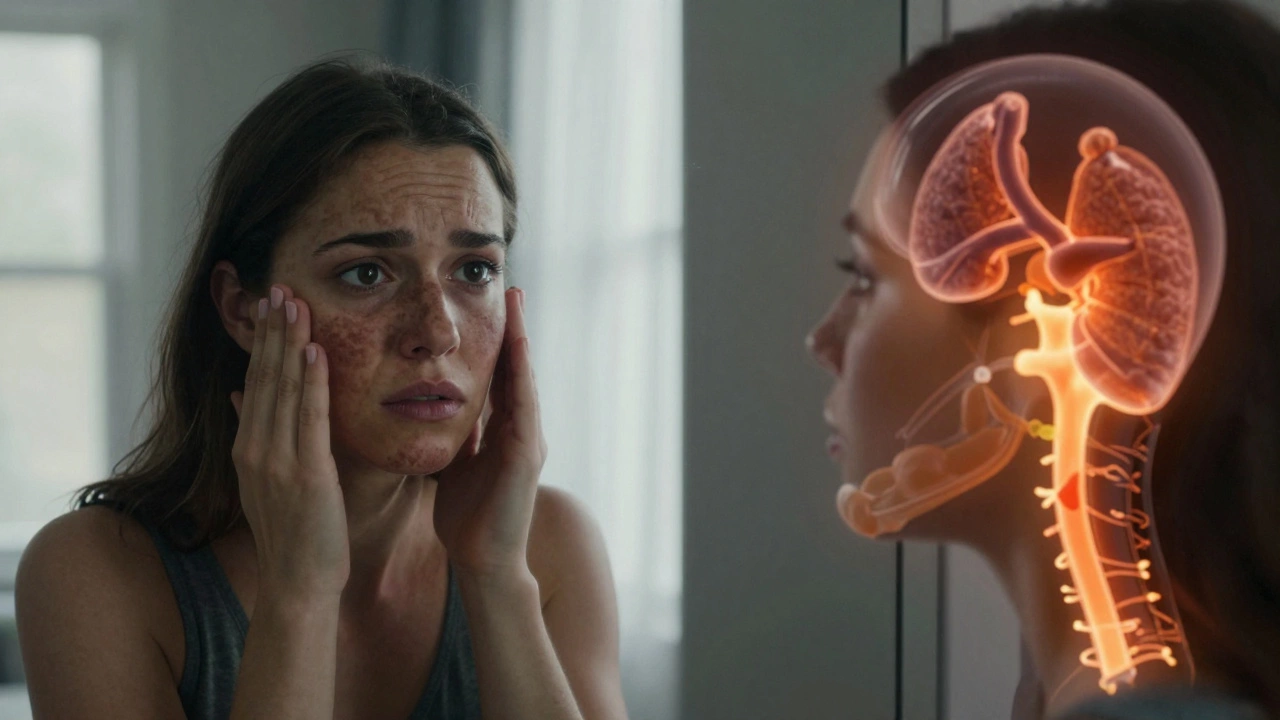 Женщина с мелазмой перед зеркалом и схематичное изображение надпочечников