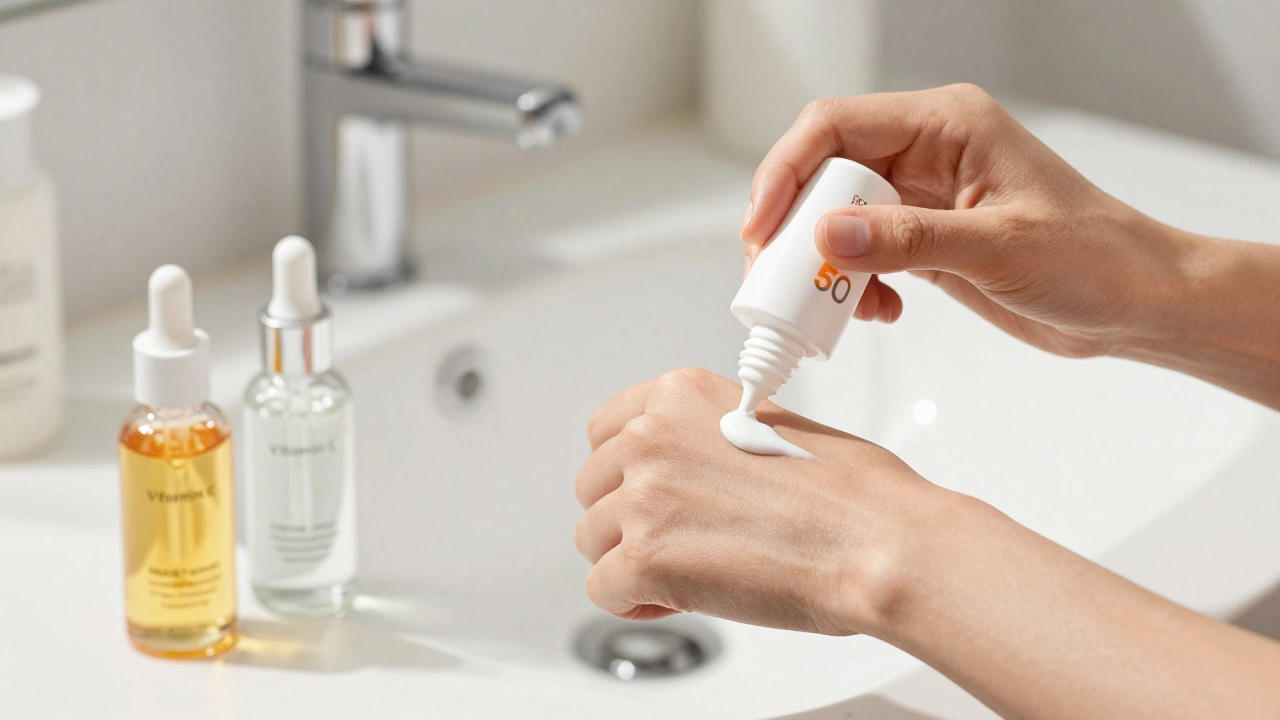 Крем с SPF и сыворотки для ухода за кожей на светлом фоне